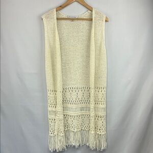 Peter Nygard Cream Fringed Knit Cardigan Vest - Size Small